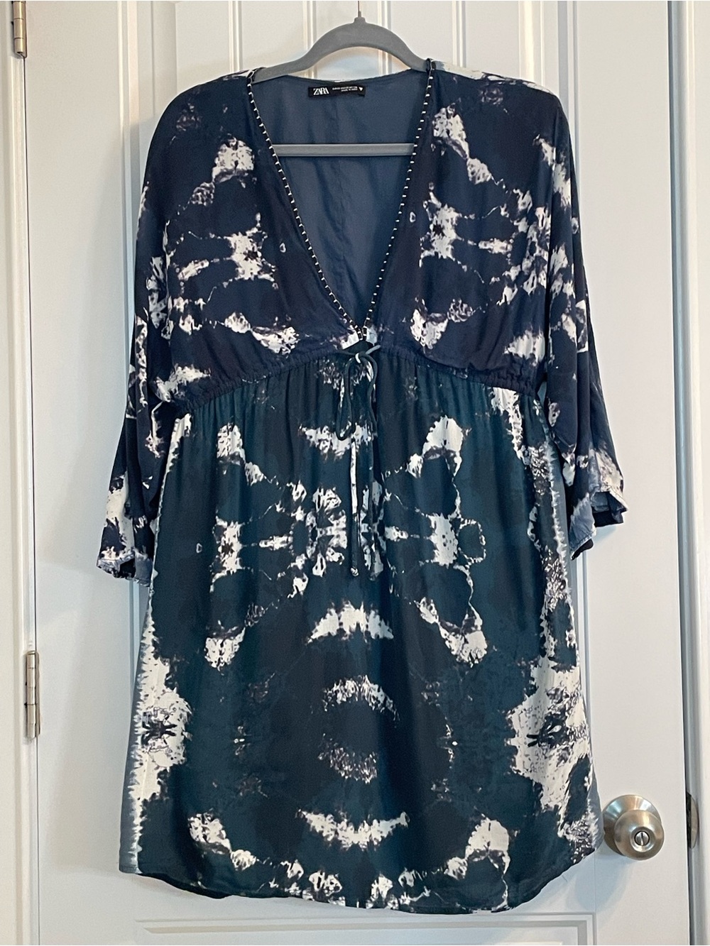 ZARA Navy and White Tie-Dye V-Neck Tunic/Mini Dress mwith Drawstring
